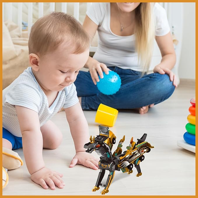 Transforming Dinosaur Toys, 2 in 1 Magnetic Cars Collision Transform into Dino Toys, for Boys Girls Toy Age 2-12, Christmas Birthday Gift(Golden Dragon)