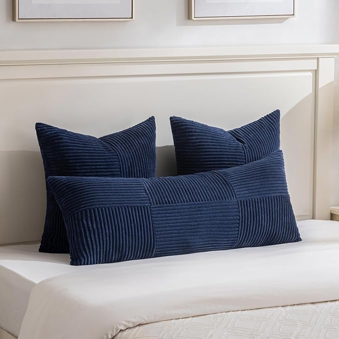 Fancy Homi 2 Packs Navy Blue Euro Decorative Throw Pillow Covers 28x28 Inch for Living Room Couch Bed, Farmhouse Boho Home Decor, Soft Corss Corduroy Patchwork Textured Square Cushion Case 71x71 cm