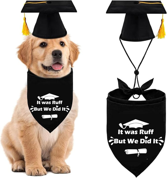 2025 Dog Graduation Cap and Gown with Gold Tassels Dog Graduation Outfits Gifts Graduation Bandana for Small Medium Large Dogs (It was Ruff, but we did it Bandana)