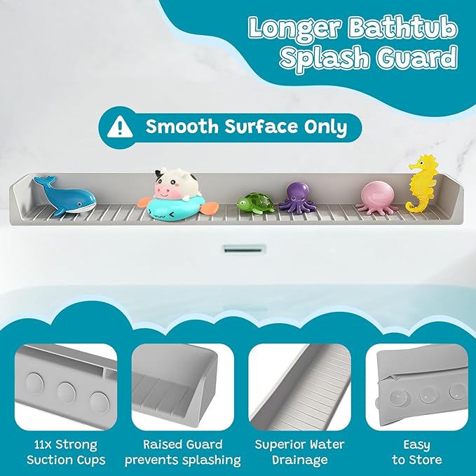 Longer 2.6 Ft Bathtub Splash Guard for Tub, Silicone Water Splash Guard with Strong Suction Cups & Toy, Bath Toy Holder, No Mess Water Spill in Bathroom for Toddlers Kids Baby