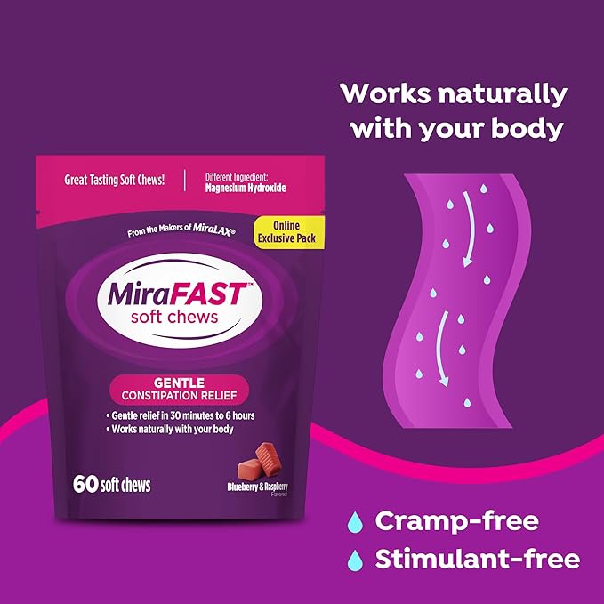 MiraFAST Soft Chews, from the Makers of MiraLAX, Gentle Constipation Relief, Fast Acting, Stimulant Free Saline Laxative, Magnesium Hydroxide, Blueberry & Raspberry Flavor, 60ct