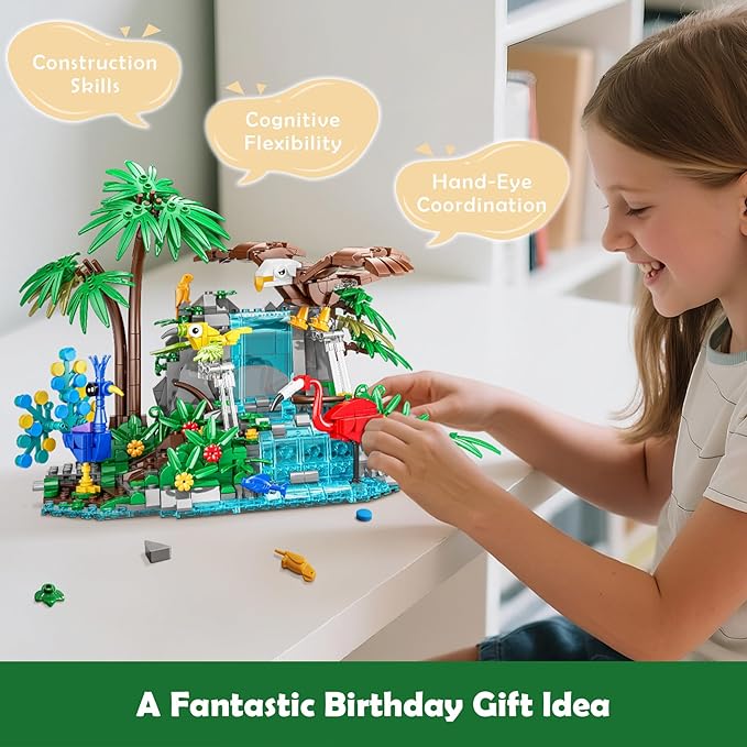 Rainforest Animal Building Set - 898PCS Jungle Theme Building Toy with Waterfall & Botanicals, Animal Sets Eagle, Flamingo & Peacock, STEM Educational Gift for Adults