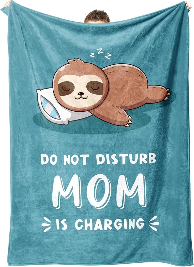 Leebbsin Funny Gifts for Mom, Birthday Gifts for Mom from Daughter Son | Mom is Charging Sloth Blanket, 60" x 50", Cyan, Mom Gift for Christmas Mothers Day, Soft Sloth Throws Blanket for Mother