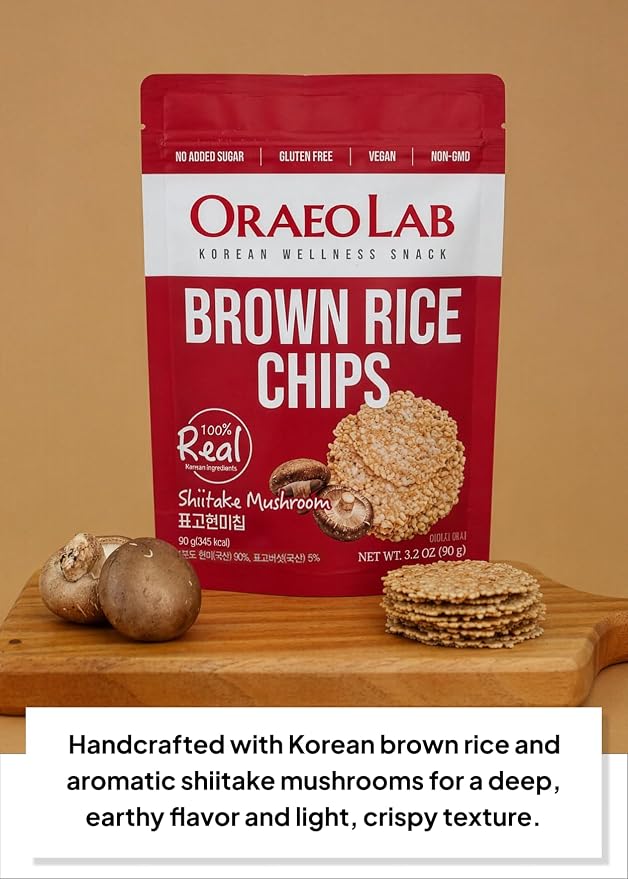 Korean Food Brown Rice Chips with Shiitake Mushroom, Vegan, 3.17 oz (90g) | Pressed brown rice chips with shiitake mushroom, made without frying and suitable for vegan diets