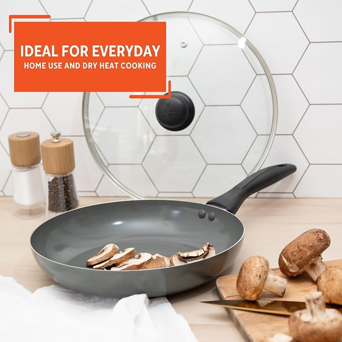 IMUSA 9.5 Inch Chef Cera Aluminum Ceramic Fry Pan with Glass Lid, Gray | Ceramic Nonstick Coating, Glass Lid with Cool-Touch Handle, For Sautéing, Stir-Frying, Everyday Cooking