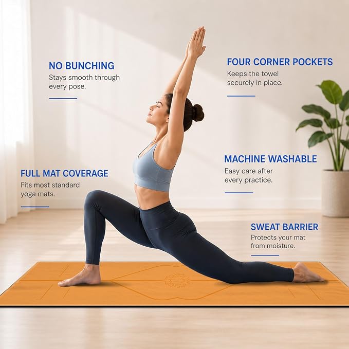Yoga Mat Towel, Hot Yoga Non Slip with 4 Corner Pockets, 70 x 26 in | Soft Absorbent Microfiber With Four Corner Pockets, Fits Over Yoga Mats For Hot Yoga, Pilates, Gym, And Travel
