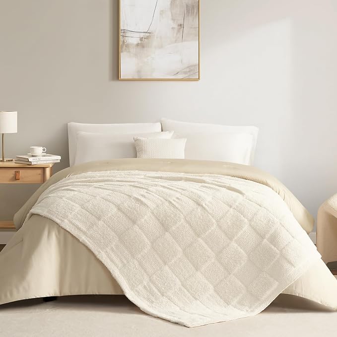 Snuggle Sac Checkered Throw Blanket Faux Fur Microfiber Blankets for Couch,Cozy Soft Warm Blanket for Sofa Bedroom Living Room,Solid Ivory,50x60 inches