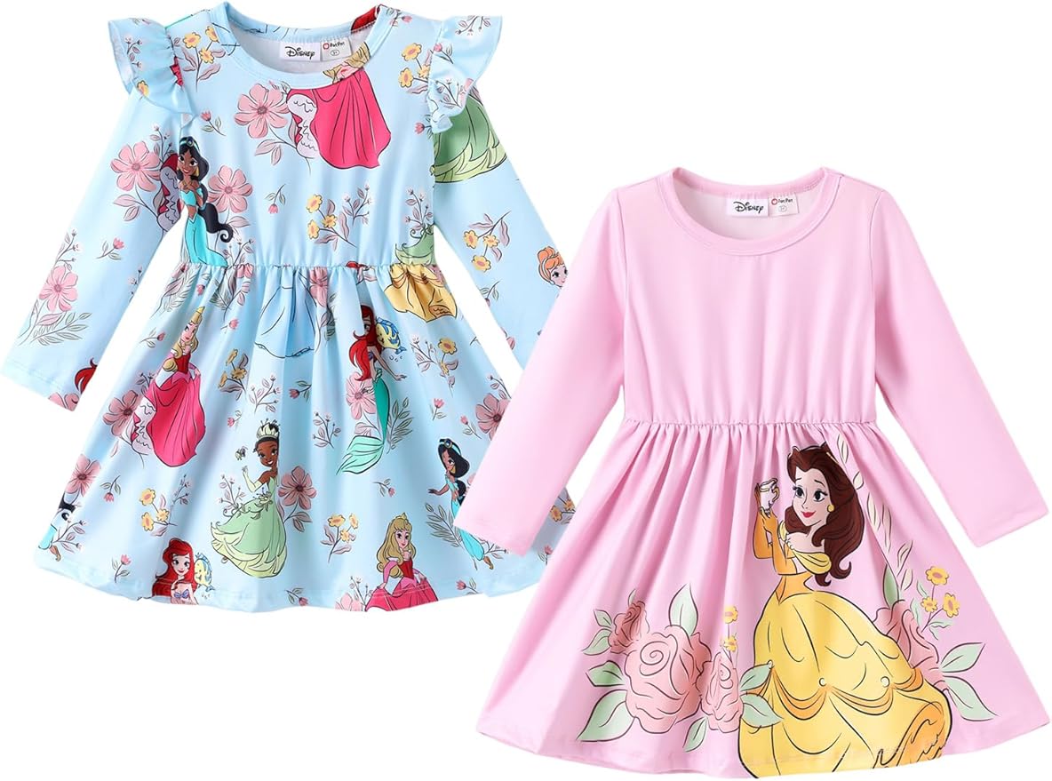 Disney Frozen Elsa Stitch Princess Minnie Mouse Toddler Girl Dresses 2 Pack Ruffle Long Sleeve Dress Set (3 Months - 6 Years)