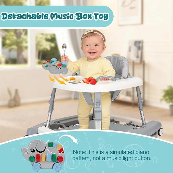 5-in-1 Baby Walker for Boys and Girls Music and Lights 6-18 Months, Foldable Baby Walkers with 5 Adjustable Heights, Infant Toddler Walker with Wheels and Combo Portable（Grey）