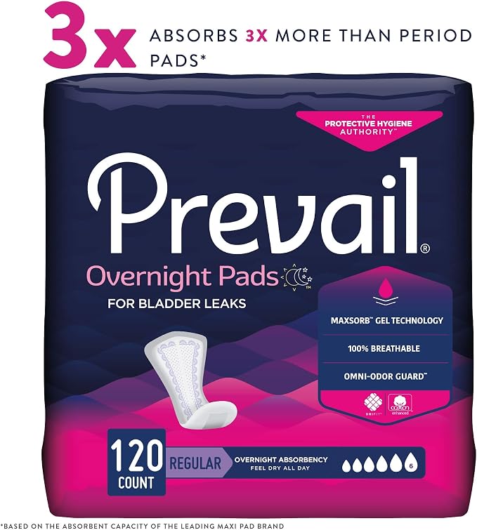 Prevail Proven - Incontinence Bladder Control Pads - Bladder Leak Pads - Overnight Absorbency, 120 Count (4 Packs of 30) | Disposable, Incontinence