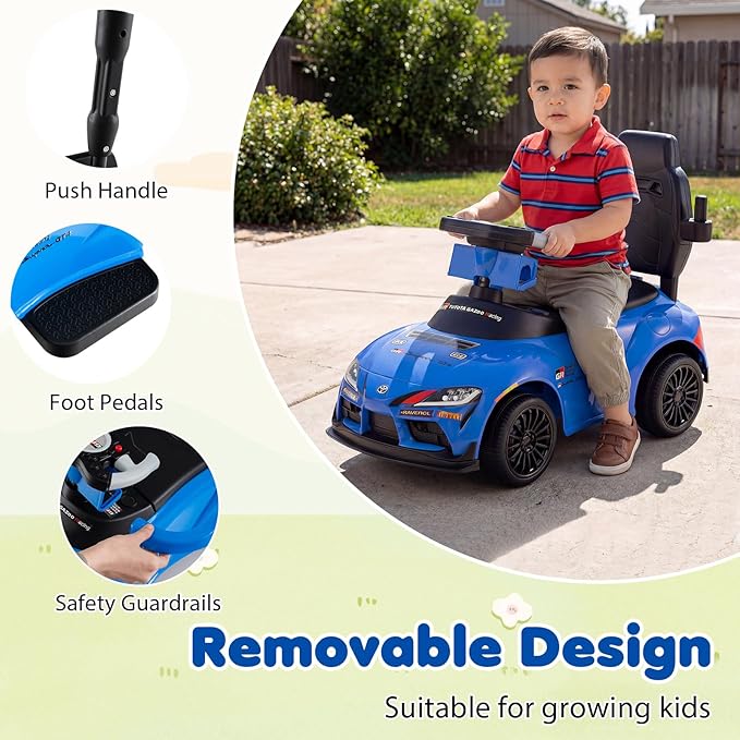 Costzon Push Car for Toddlers, 3 in 1 Toyota Licensed Stroller Sliding Walking Car w/Handle, Music, Safety Guardrail, Under-Seat Storage, Foot-to-Floor Kids Ride On Toys for Boys Girls (Blue)