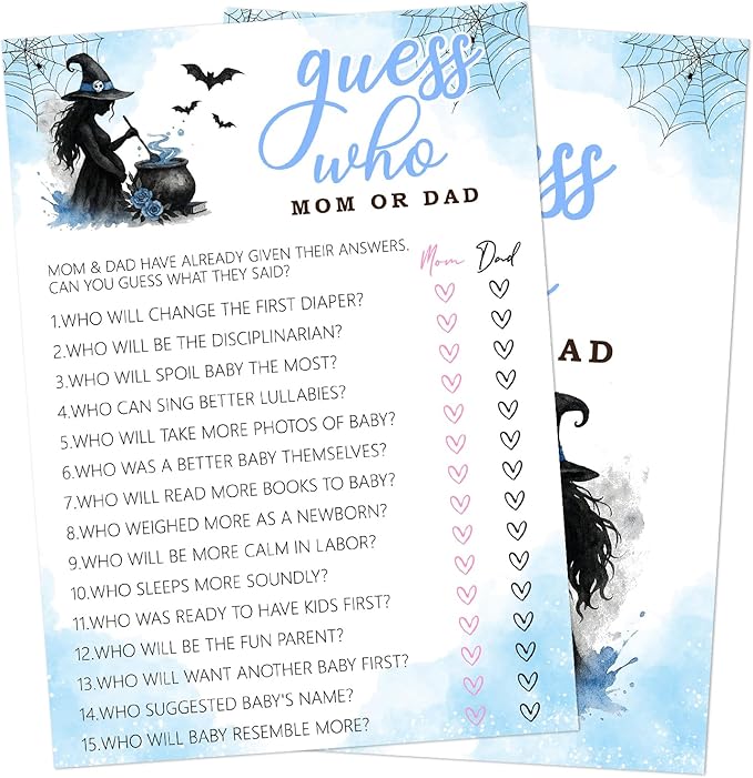 Hilarious Baby Shower Games, 25 Sets Halloween Who Mom or Dad, Blue Witch Gender Reveal Party Game Cards for Announcement Supplies - B01