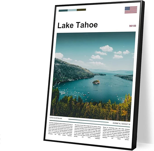 Poster Lake Tahoe Wall Art Original Design(17"x11" Golden Frame) Emerald Bay California Nevada Landscape Print Sierra Nevada Mountains Nature Scenery Alpine Lake View Travel Photography Picture