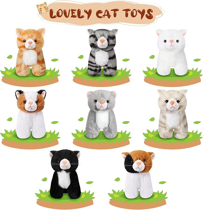 Sumind 8 Pcs Cat Stuffed Animals Bulk Plush Pets 5 Inch Cute Assorted Plush Cats Horse for Birthday Halloween Christmas Party Favors Favors(Standing Cat)