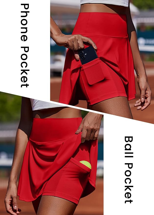 PINSPARK Womens Tennis Skirt Pleated Athletic Golf Skorts with Pockets | 3.5" High Waisted, Mesh Built-in Shorts, Mini Skirt, Buttery-Soft, Quick-dry, for Tennis, Golf, Pickleball, Casual