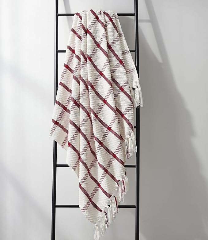 CREVENT 50"X60" Farmhouse Breathable Soft and Warm Chenille Plaid Throw Blanket for Sofa Couch Bed, Home Decoration Throw with Tassles (Red & White)
