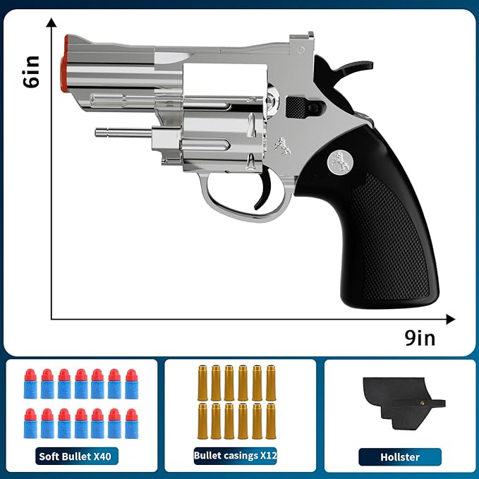 Toy Gun Foam Blaster Soft Bullet Toy Revolver,Can fire Sponge Bullets,with 40 Bullets,for Age of 6 7 8 9 10+ Years Old Kid Boys Girls（Silver）