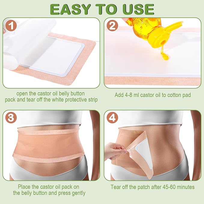 Geiserailie 40 Pcs Large Castor Oil Patches Wrap Kit Disposable Castor Oil Pack Large Self Adhesive Pads for Belly Button Back Neck Waist Stomach Knee Arm, Portable, Anti Massage Oils Leak, No Wash