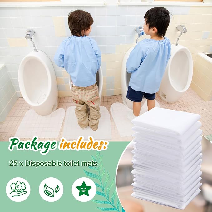 Drydiet 25 Pieces Disposable Toilet Mats 24 x 24 Inches Toilet Floor Protector from Urine Absorbent Non-Slip White Mat Base U Shaped Potty Cover Conceal Stains for Children Adult