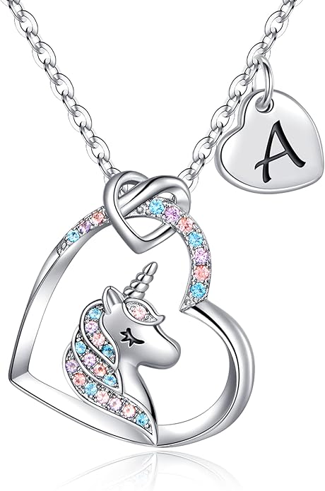 Hidepoo Valentines Gifts for Kids Girls - Unicorn Necklace Gifts for Teen Girls Kid, Colorful CZ Heart Pendant Initial Unicorn Necklaces for Girl Jewelry Birthday Gift for Girl Kid