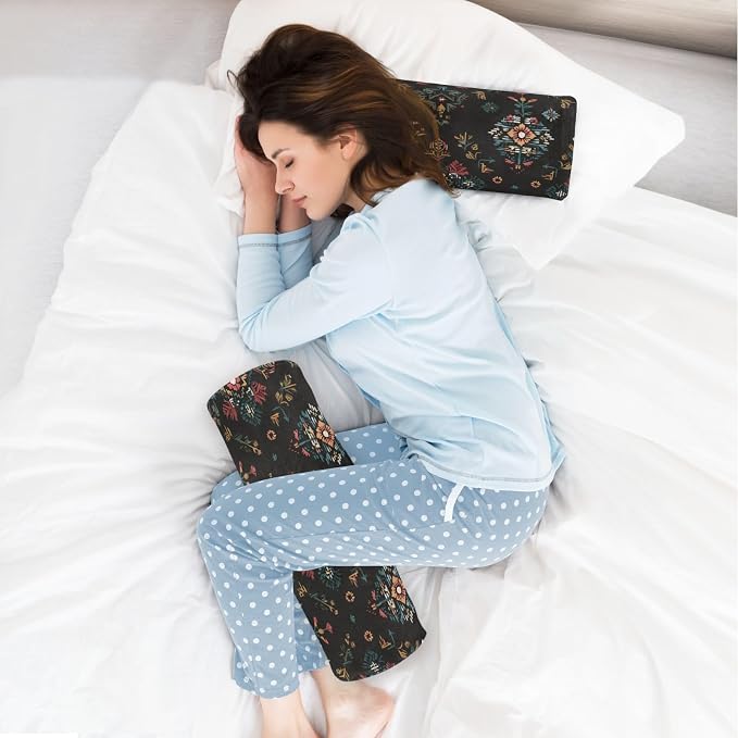 Black Boho Flower Neck Roll Pillow Bolster Round Health Memory Foam Long Cervical Cylinder Pillows with Removable Washable Cover for Body Bed Legs Back Yoga