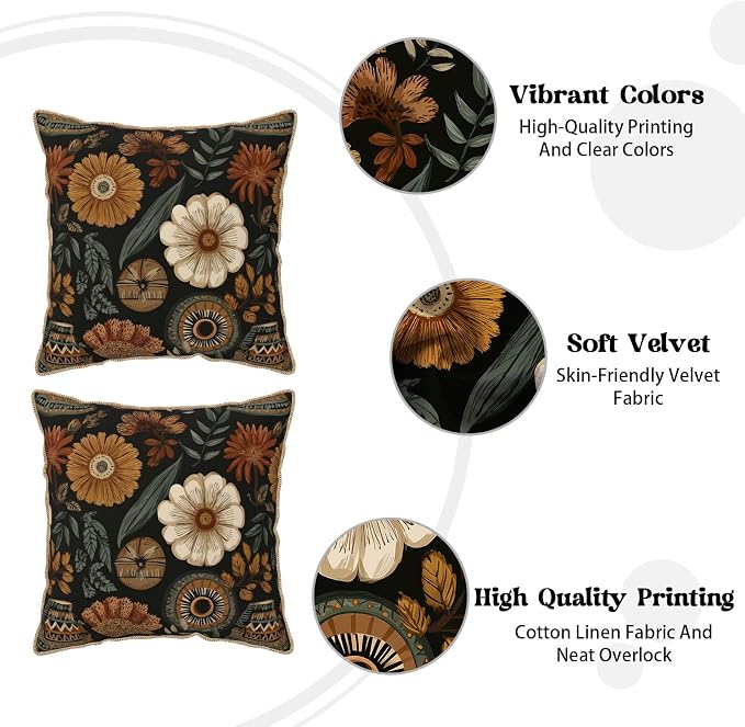 Vintage Boho Flower Velvet Pillow Covers 16x16 Inch Brown Green Retro Floral Throw Pillows for Couch Cushion Covers PillowcaseBohemian Farmhouse Pillow Cases for Sofa Bed Living Room