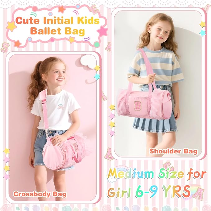 Personalized Initial Dance Bag for Girls 6-9, Medium Lace Gym Sport Yoga Cheer Dance Bags Gift for Teen Girls, Cute Letter Kids Ballet Bag Toddler Travel Duffel Tote with Adjustable Straps(Pink-B)