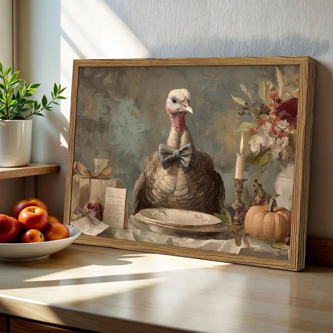 Funny Turkey Wall Art, Whimsical Rustic Bird Wall Decor Painting Cottagecore Animal Canvas Prints Artwork for Living Room Bedroom Bathroom 16x24 inch Wood Framed