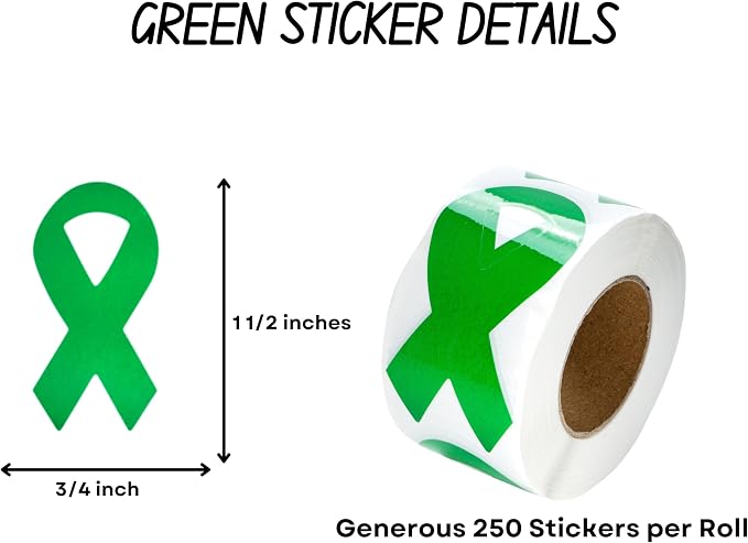 250 Small Green Ribbon Awareness Stickers - Perfect for Organ Donation, Cerebral Palsy, Mental Health, Liver Cancer, & Gun Control Awareness