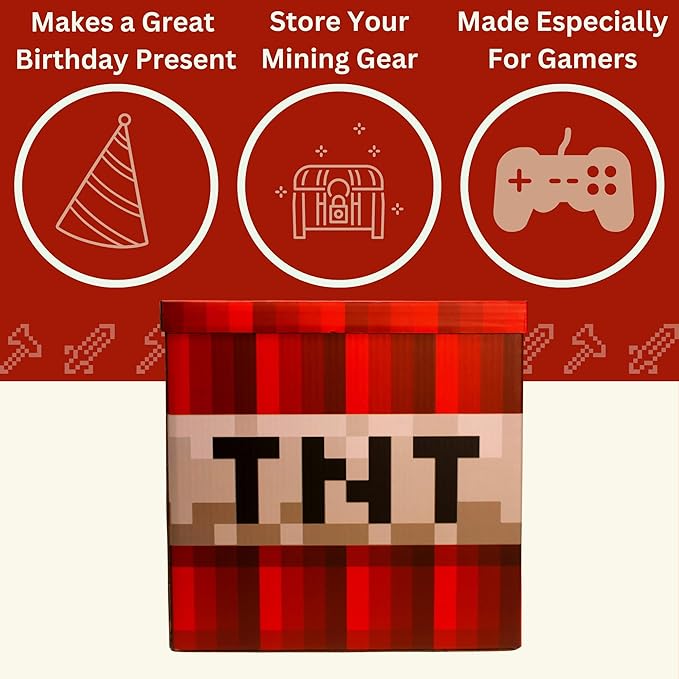 Large 14 x 14 Pixelated Box - TNT| Birthday Party Supplies | Storage Decoration and Prop, Big Birthday Box | Storage Bin Chest With Lid Gift Accessory (TNT Block)