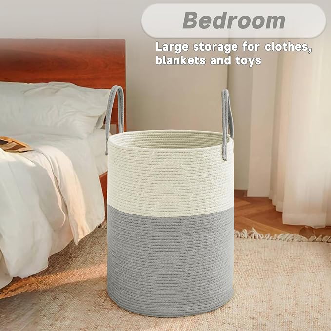 JMvicyroam 100L Cotton Rope Laundry Basket Hamper, White and Grey | Collapsible laundry basket, reinforced handles, freestanding, machine washable, holds 3-5 thick blankets, clothes or toys