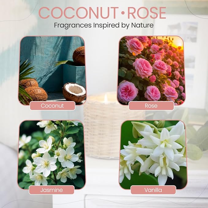 Coconut Rose Scented Candle – 12oz Luxury Soy Wax, 2-Wick in Handwoven Glass Jar, dewy Fruits, Juicy Green Citrus, Jasmine and Lush White Flowers 75+ Hour Clean Burn, Made in USA