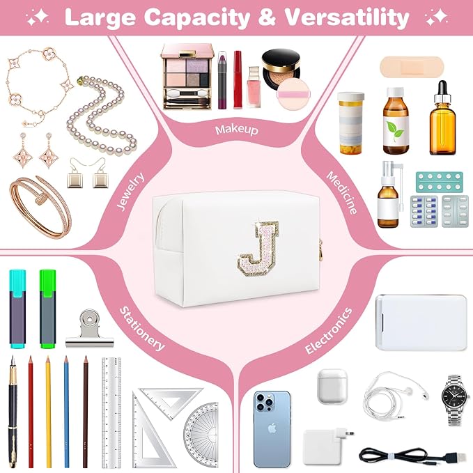 Small Initial Patch Makeup Bag Personalized Gifts Make Up Bag,White Cute PU Leather Glitter Letter Cosmetic Bag with Zipper,Trendy Portable Travel Toiletry Pouch,Preppy Stuff for Teen Girls Women J