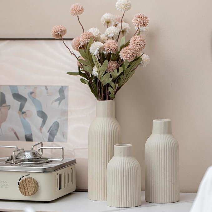 Modern Ceramic Vases Set of 3, Beige Ribbed Decorative Vases, Table Centerpiece for Home Decor (Beige)