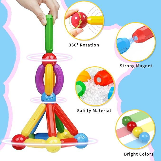 MAGBLOCK 90PCS Magnetic Building Sticks Toy Building Blocks Gift for Boys and Girls, Magnet Sticks Balls and Rods Sets, Sensory Montessori Toys for Preschool Toddlers Kids