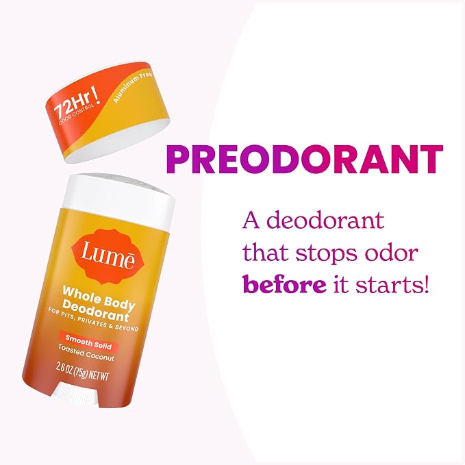 Lume Whole Body Deodorant - Smooth Solid Stick - 72 Hour Odor Control - Aluminum Free, Baking Soda Free and Skin Loving - 2.6 Ounce (Pack of 3) (Toasted Coconut)