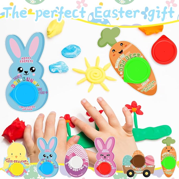 60 Pcs Easter Gifts Include 30 Play-Doh 30 Easter Cardstock for Easter Eggs Hunt Party Supplies Birthday Party Games Favors