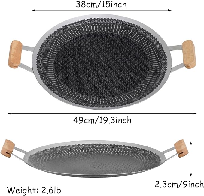 Korean BBQ Grill Pan Nonstick Round Griddle Pan Portable Stainless Steel Skillet Pan with Handle Dinner Server Pan,15inch