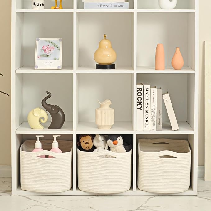 ICERZCZ Large Storage Baskets for Organizing Shelves, Woven Cotton Rope Bins for Baby Nursery Organization, Book Toy Towel Organizer, 17"x13"x9.5", 3 Packs, Off White