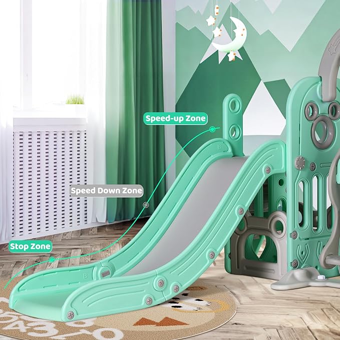 Arlopu 7 in 1 Toddler Slide and Swing Set, Kids Climber Playset with Ball & Hoop, Telescope, Suction Cup Reinforced Base, Baby Indoor Outdoor Playground (Light Green)