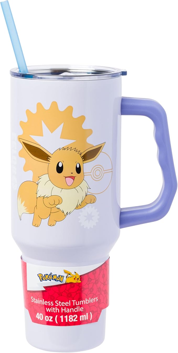 Silver Buffalo Pokémon Double Walled Stainless Steel Tumbler with Handle Featuring Eevee, Fits in Standard Cup Holder, 40 Ounces