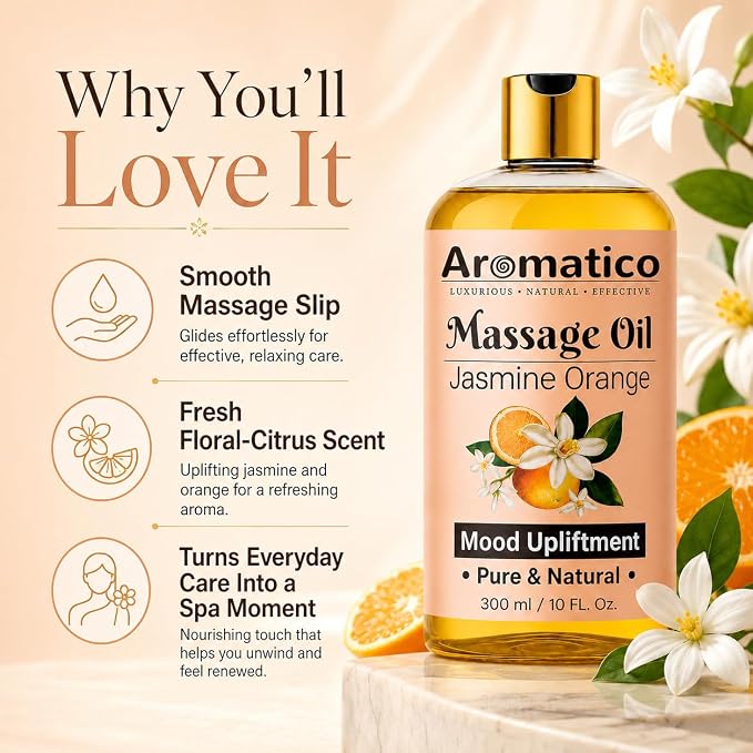 AROMATICO Massage Oil for Massage Therapy with Jasmine & Orange Essential Oils. Infused with Sesame, Almond & Jojoba Oils. Full Body Massage Oil for Mood Upliftment – 10 Fl Oz