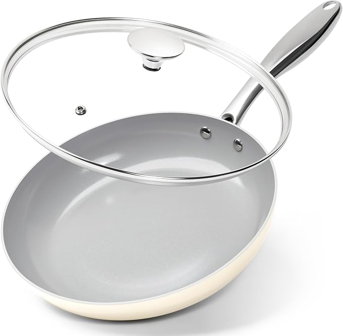 MICHELANGELO Non Stick Frying Pans - 10 Inch Frying Pan Nonstick with Lid, Nonstick Skillet with Lid, Non Toxic Frying Pan, Ceramic-Coated, Beige