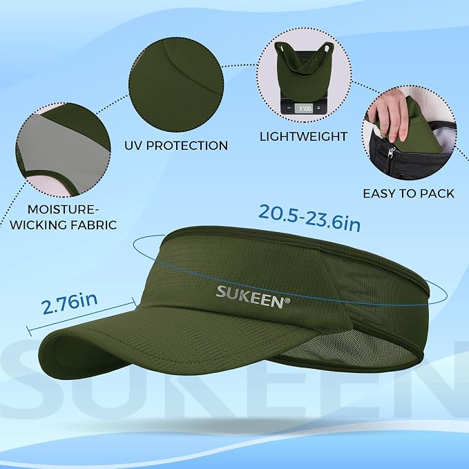 Sukeen Lightweight Sports Sun Visor Hat for Men Women | Packable, breathable, quick-dry, UPF50+ cooling visor hat, stretch fit, for running, tennis, golf, pickleball, softball