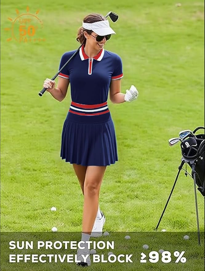 Tennis Skirt Sets for Women Zipper Color Block High Waisted Golf Polo Two Piece Skirt Set Women 2 Piece Outfits
