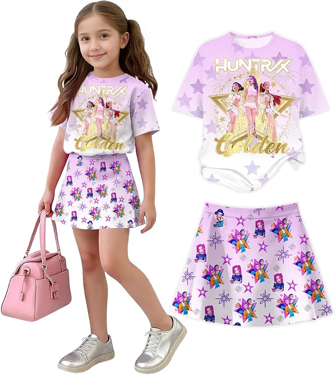 Girls 2-Piece Anime Outfit Set, Short Sleeve Graphic T-Shirt and Printed Skirt Set