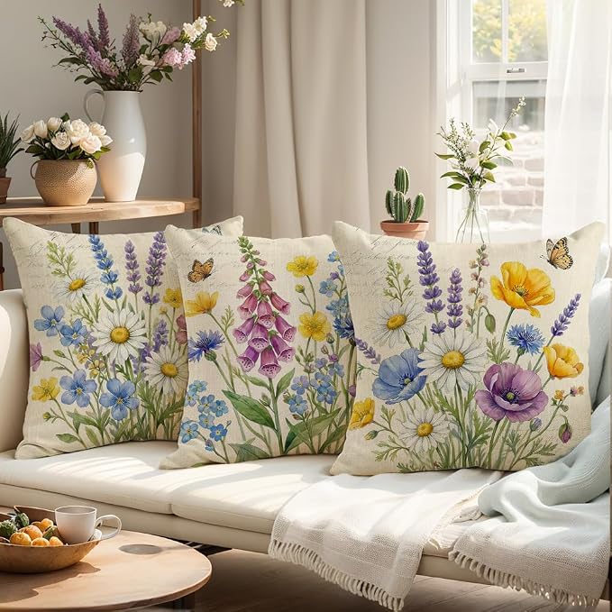 wyooxoo Throw Pillow Covers 16x16 Set of 4 Spring Pillow Covers Linen Flower Farmhouse Cushion Case for Sofa Couch Living Room Outdoor Home Decor