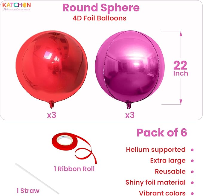 KatchOn, Metallic Red and Pink Balloons – Big, 22 Inch, Pack of 6 | Valentines Balloons for Valentines Day Decorations | Galentines Balloons, Galentines Day Decorations | Birthday, Anniversary Decor