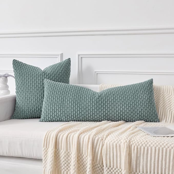 Kevin Textile Soft Corduroy 20"x54" Body Pillow Cover 1 Pack, Teal Green | Boho Stripe Plush Corduroy Decorative Oblong Cushion Cover Modern Farmhouse Home Decor for Sofa Couch Bed Chair