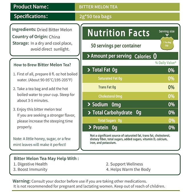 Samcci - Bitter Melon Tea Bags - 50 Count (2g Per Bag) - 100% Pure Natural Cut & Sifted Dried Momordica Charantia Slices - Non-GMO & Caffeine-Free - Plant-Based Corn Fiber Mesh Bags - Refreshing Herbal Tea
